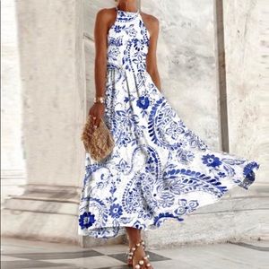 Vintage Printed Round Neck Sleeveless Midi Dress